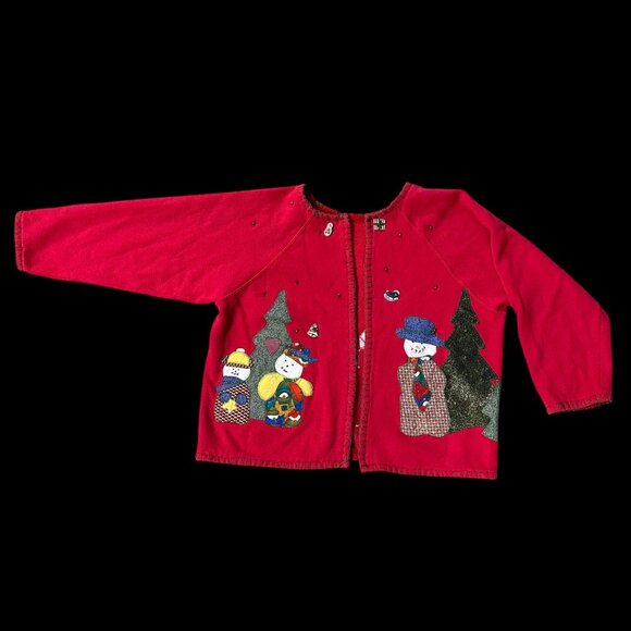 Vintage Christmas Sweater Open Cardigan Red Snowman Embellished Retro Holiday - Picture 2 of 8